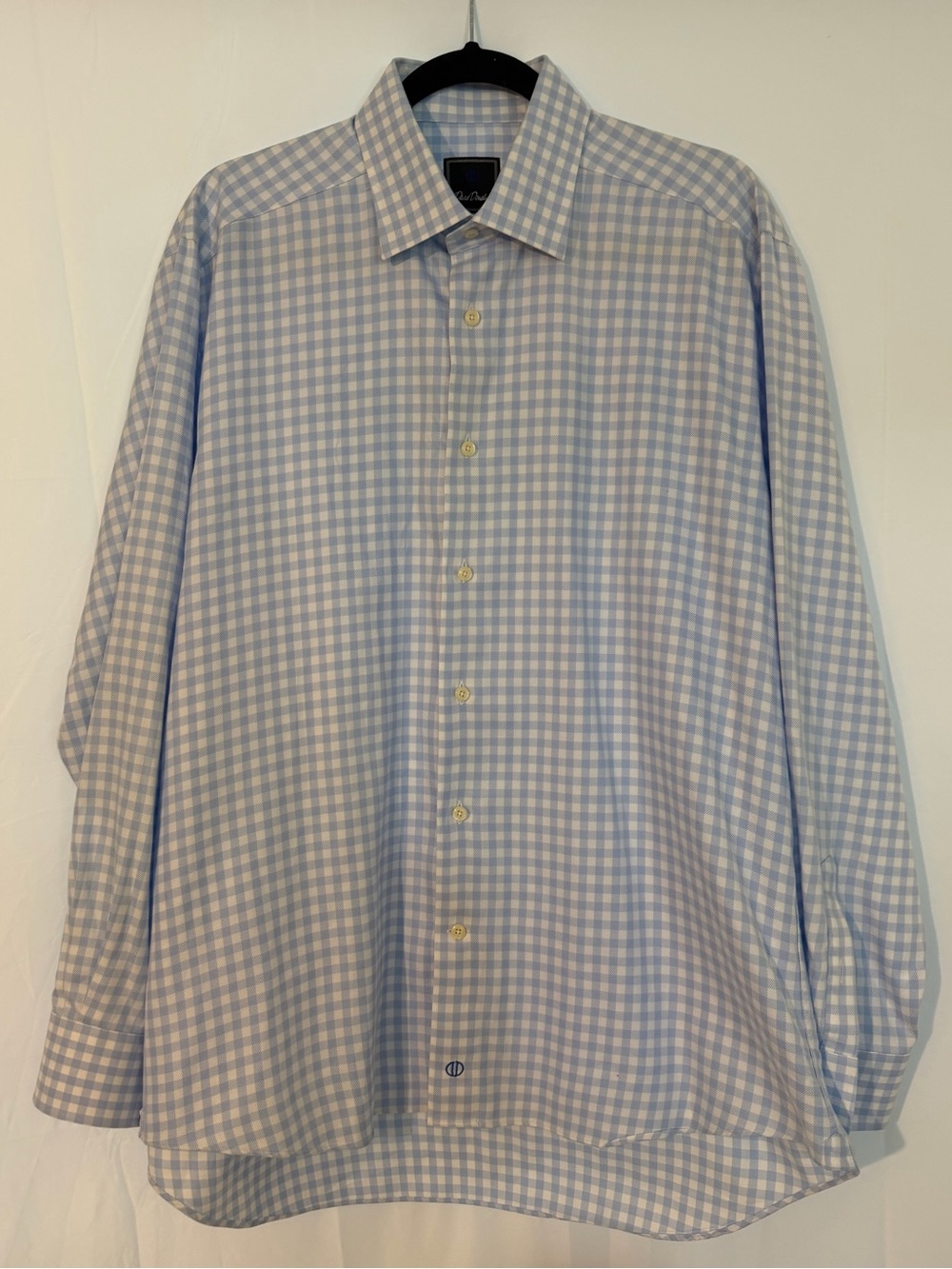 David Donahue Mens Dress Shirt 16.5 34/35 Blue White Gingham 100% Cotton